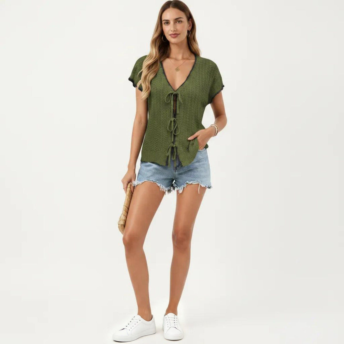Anna-Kaci Women's Short Sleeve Knit Cardigan Top with V-Neck Tie Front and Contrast Trim