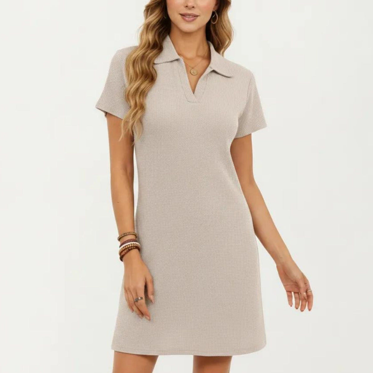 Anna-Kaci Women's Short Sleeve Collared Mini Dress with Split V Neck Textured Knit Relaxed Fit Casual Dress