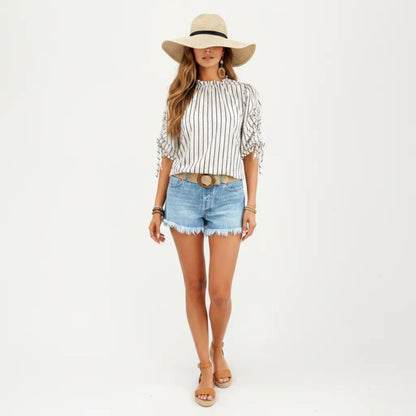 Anna-Kaci Women's Striped Short Sleeve Blouse with Ruffle Trim High Neck and Ruched Tie Sleeves
