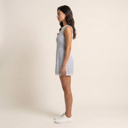 Anna-Kaci Women's Gingham Romper Sleeveless Lace Trim Fit and Flare Lightweight Casual One Piece