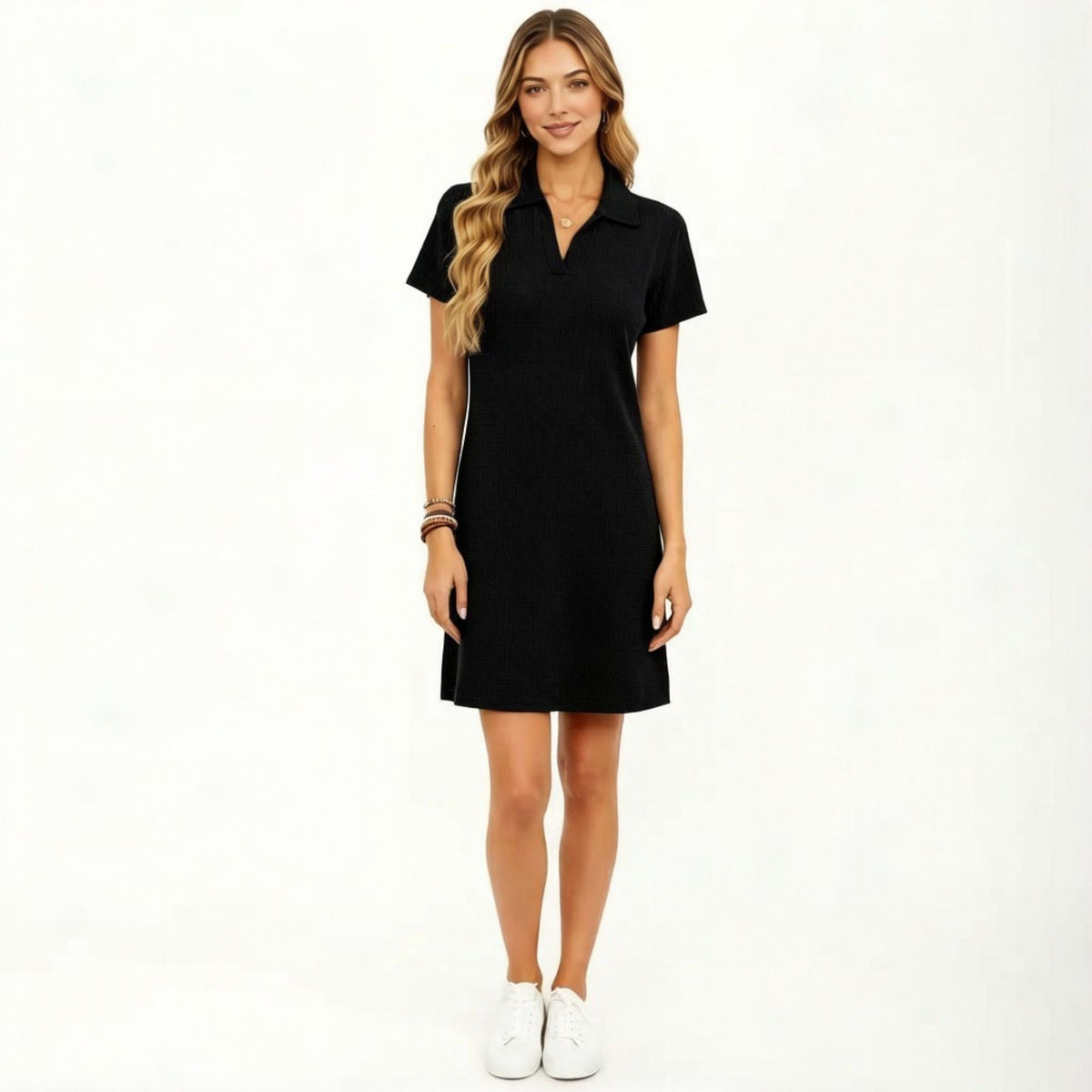 Anna-Kaci Women's Short Sleeve Collared Mini Dress with Split V Neck Textured Knit Relaxed Fit Casual Dress