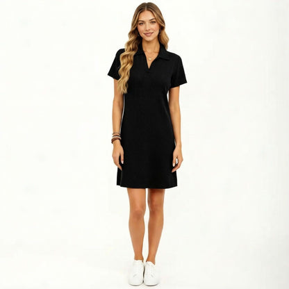 Anna-Kaci Women's Short Sleeve Collared Mini Dress with Split V Neck Textured Knit Relaxed Fit Casual Dress