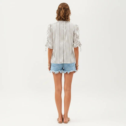 Anna-Kaci Women's Striped Short Sleeve Blouse with Ruffle Trim High Neck and Ruched Tie Sleeves