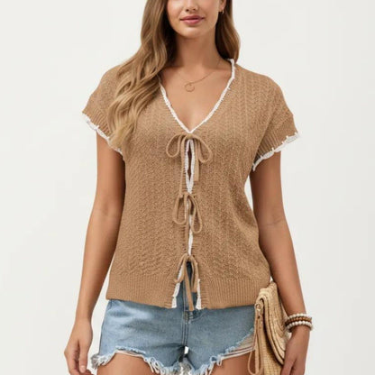 Anna-Kaci Women's Short Sleeve Knit Cardigan Top with V-Neck Tie Front and Contrast Trim