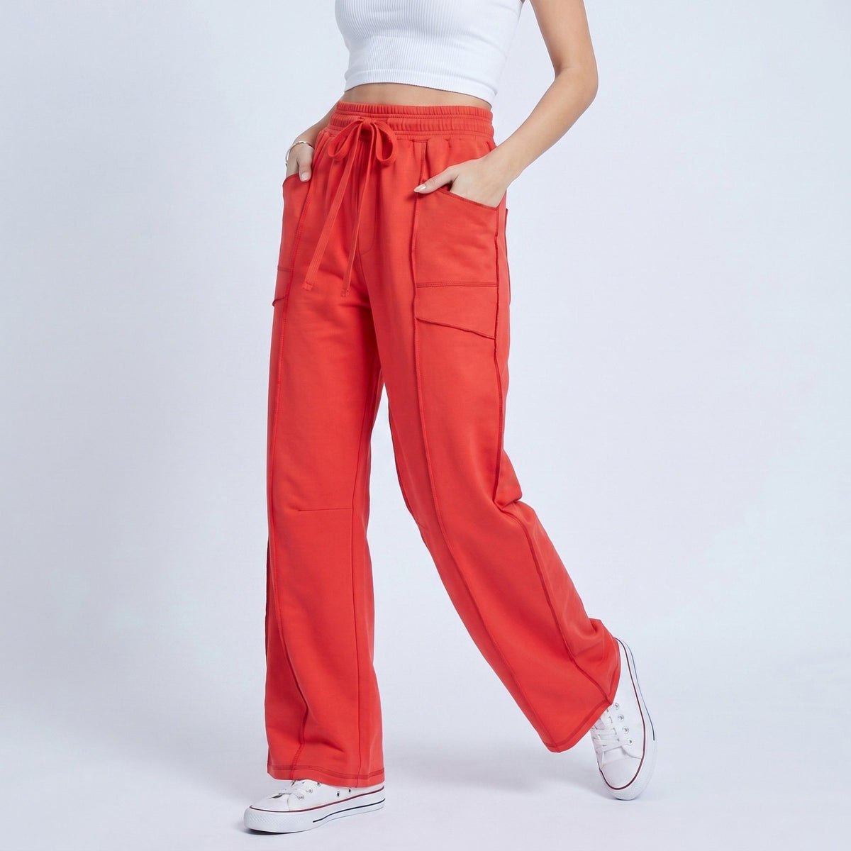 Anna-Kaci Women's High Rise Drawstring Wide Leg Utility Pants with Patch Pockets