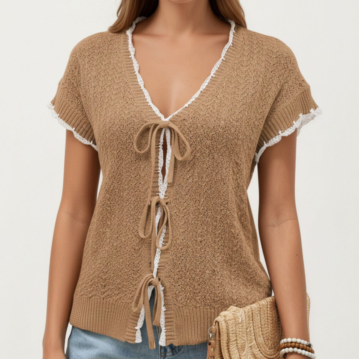 Anna-Kaci Women's Short Sleeve Knit Cardigan Top with V-Neck Tie Front and Contrast Trim