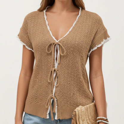 Anna-Kaci Women's Short Sleeve Knit Cardigan Top with V-Neck Tie Front and Contrast Trim