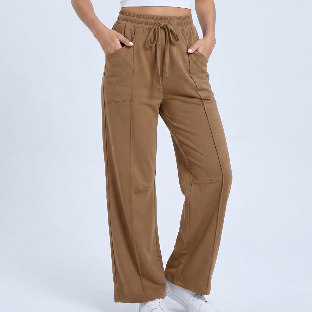 Anna-Kaci Women's High Rise Drawstring Wide Leg Utility Pants with Patch Pockets