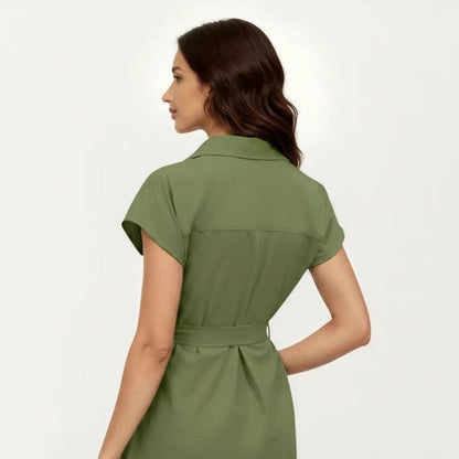 Anna-Kaci Women's Short Sleeve Button Front Shirt Dress with Collared Neckline and Adjustable Waist Tie