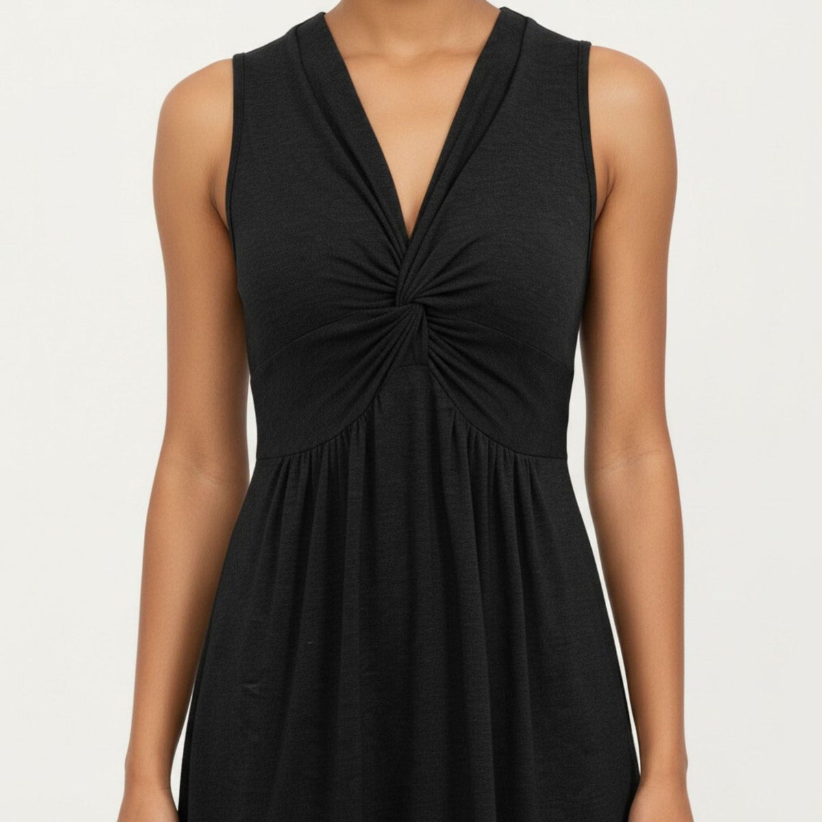 Anna-Kaci Women's Sleeveless V Neck Midi Dress with Front Twist Detail and Flowy A Line Silhouette