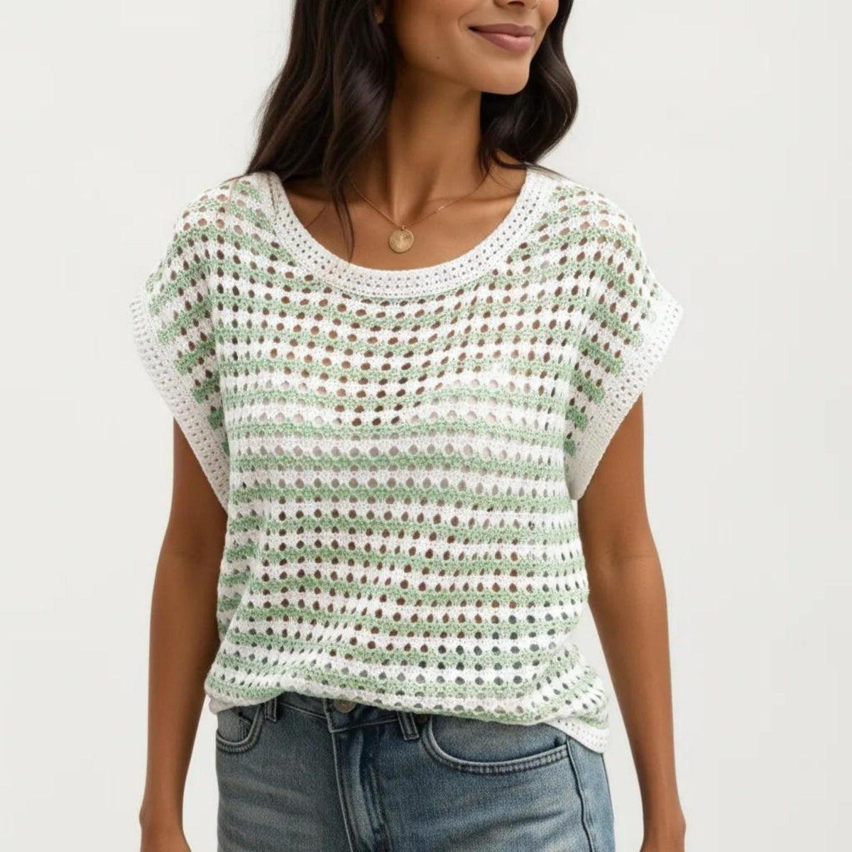 Anna-Kaci Women's Short Sleeve Striped Crochet Knit Top with Open Stitch Texture and Relaxed Fit