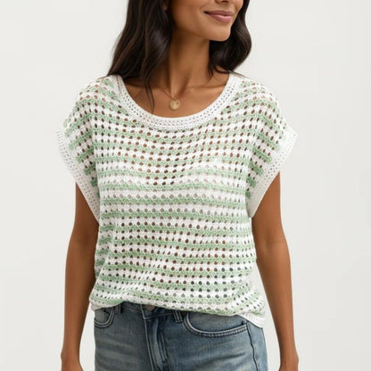 Anna-Kaci Women's Short Sleeve Striped Crochet Knit Top with Open Stitch Texture and Relaxed Fit