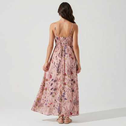 Anna-Kaci Women's Floral Print Tie Front Maxi Dress with Spaghetti Straps and Flowy Skirt