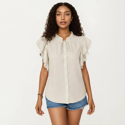 Anna-Kaci Women's Ruffle Flutter Sleeve Button Down Blouse with Tie Neck