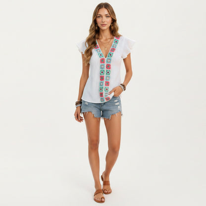Anna-Kaci Women's Boho Embroidered V-Neck Flutter Sleeve Textured Blouse