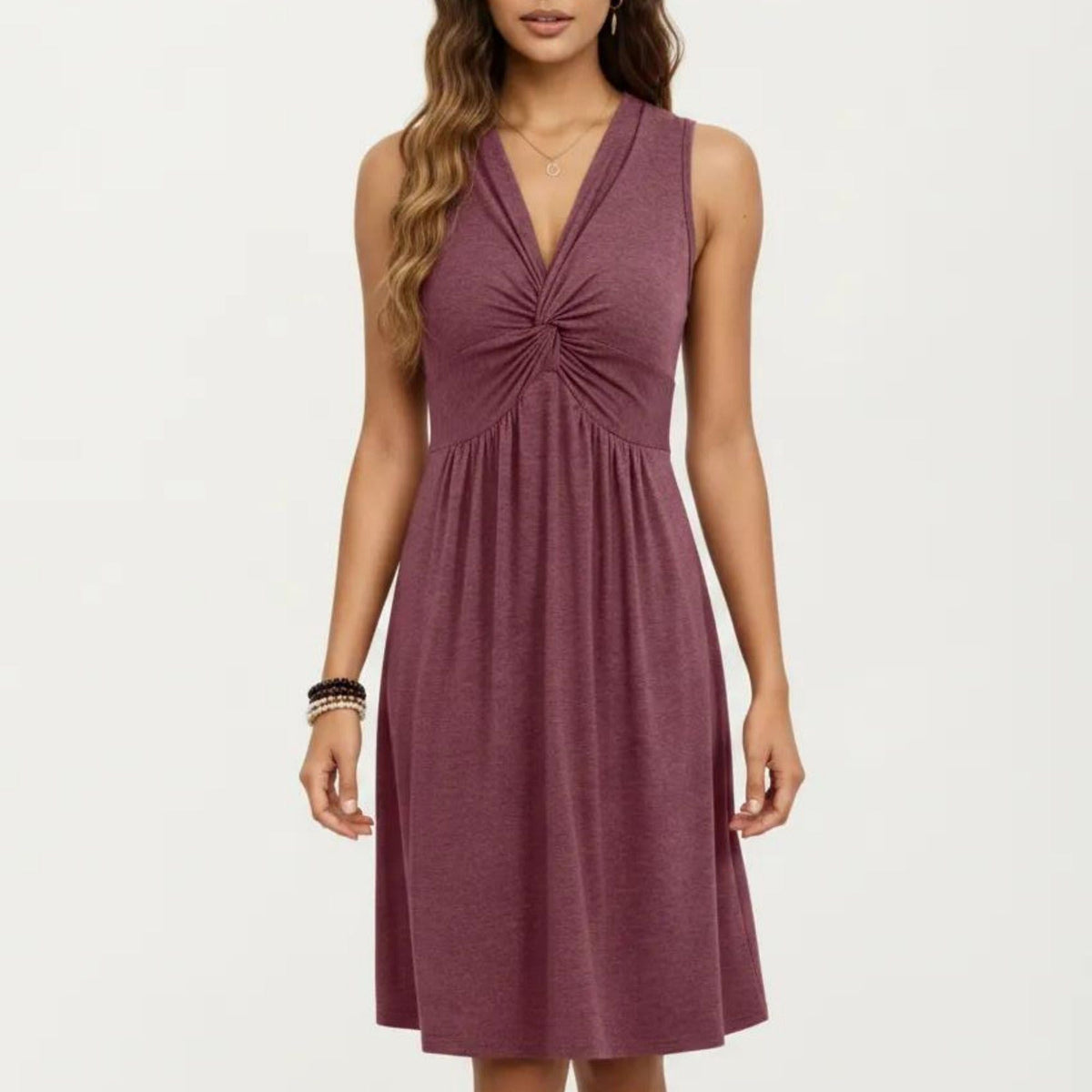 Anna-Kaci Women's Sleeveless V Neck Midi Dress with Front Twist Detail and Flowy A Line Silhouette