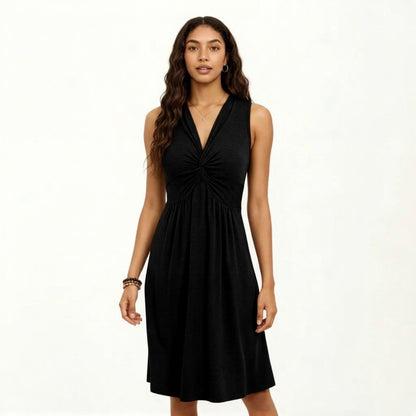 Anna-Kaci Women's Sleeveless V Neck Midi Dress with Front Twist Detail and Flowy A Line Silhouette