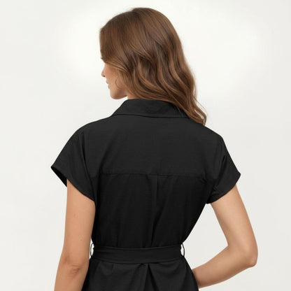 Anna-Kaci Women's Short Sleeve Button Front Shirt Dress with Collared Neckline and Adjustable Waist Tie