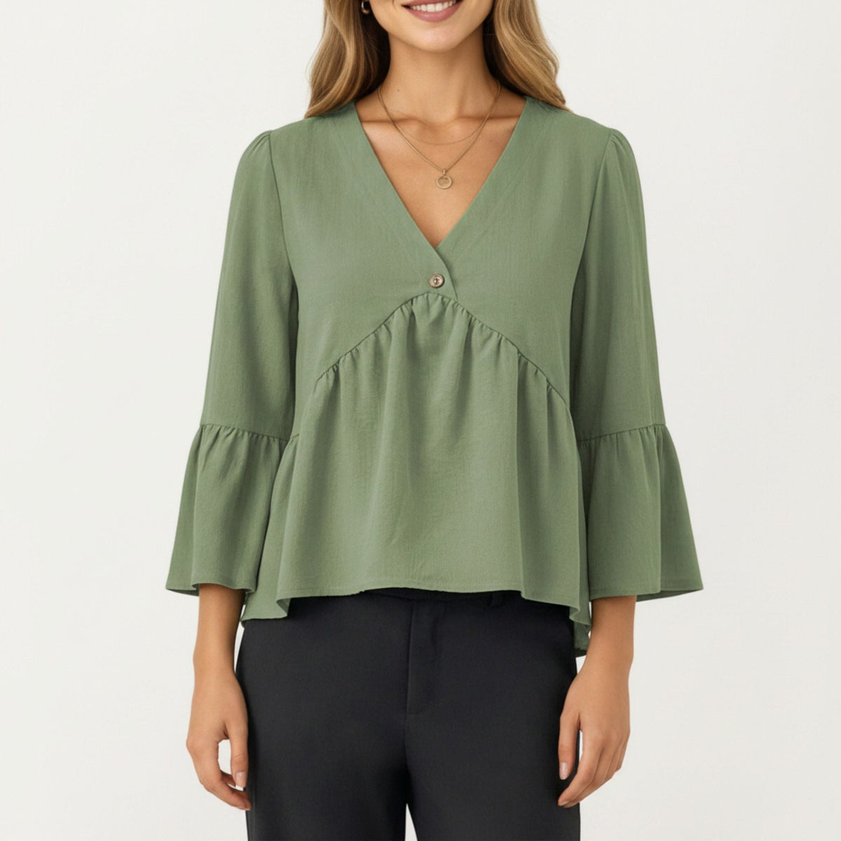 Anna-Kaci Women's V-Neck Bell Sleeve Peplum Blouse with Button Detail and Gathered Waist