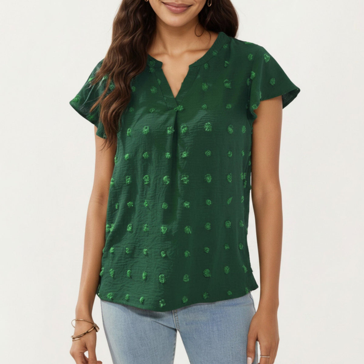Anna-Kaci Women's Short Sleeve Swiss Dot Top with Split Neckline and Soft Textured Fabric