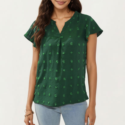 Anna-Kaci Women's Short Sleeve Swiss Dot Top with Split Neckline and Soft Textured Fabric