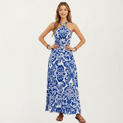 Anna-Kaci Women's Mediterranean Tile Print Halter Maxi Dress with Criss-Cross Back