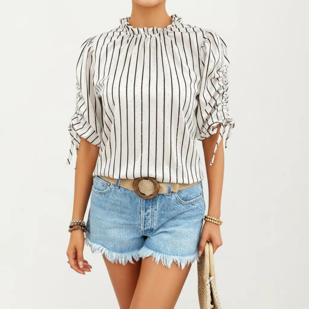 Anna-Kaci Women's Striped Short Sleeve Blouse with Ruffle Trim High Neck and Ruched Tie Sleeves