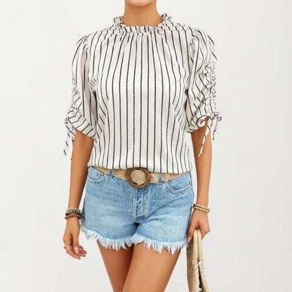 Anna-Kaci Women's Striped Short Sleeve Blouse with Ruffle Trim High Neck and Ruched Tie Sleeves