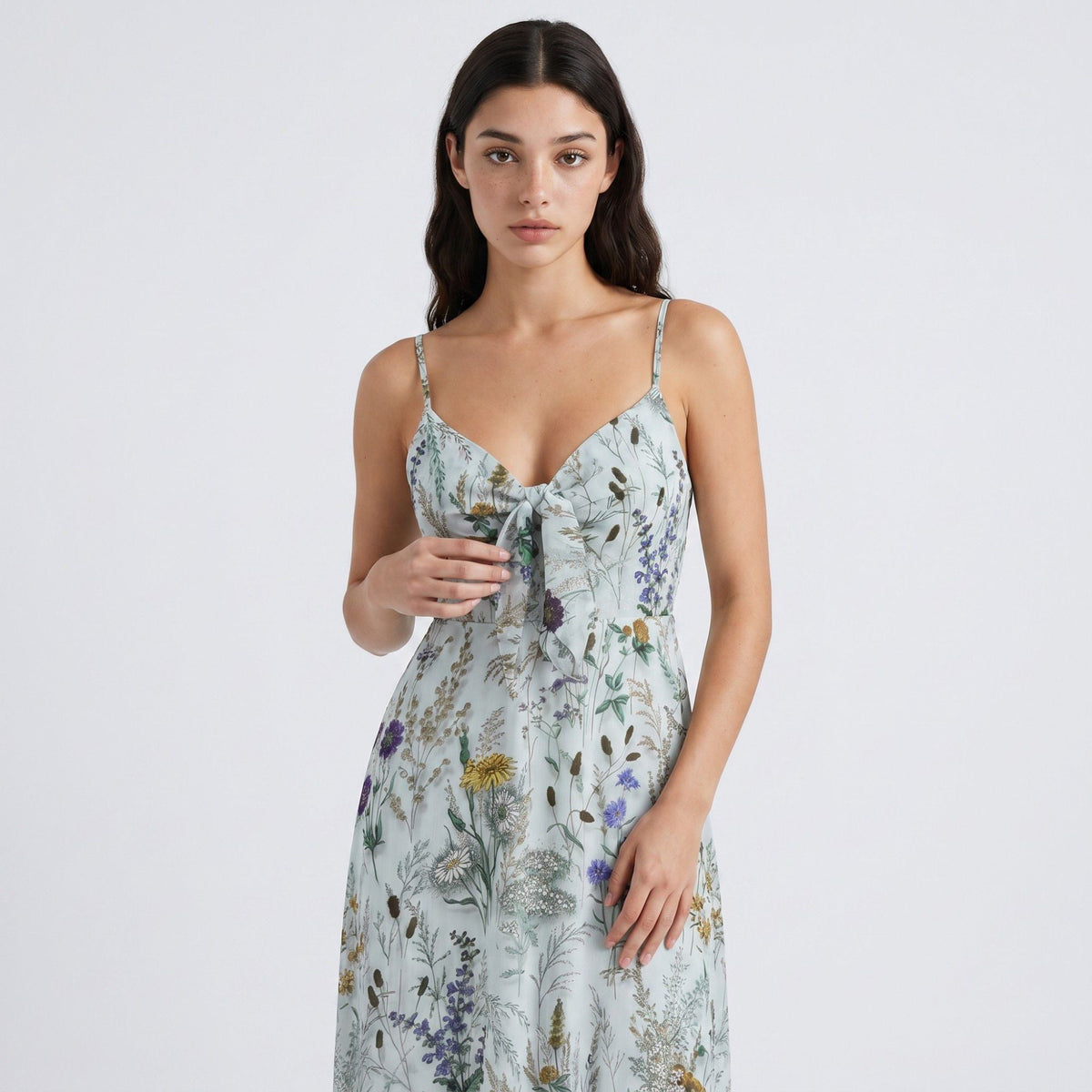 Anna-Kaci Women's Floral Print Tie Front Maxi Dress with Spaghetti Straps and Flowy Skirt
