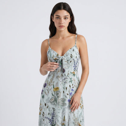Anna-Kaci Women's Floral Print Tie Front Maxi Dress with Spaghetti Straps and Flowy Skirt