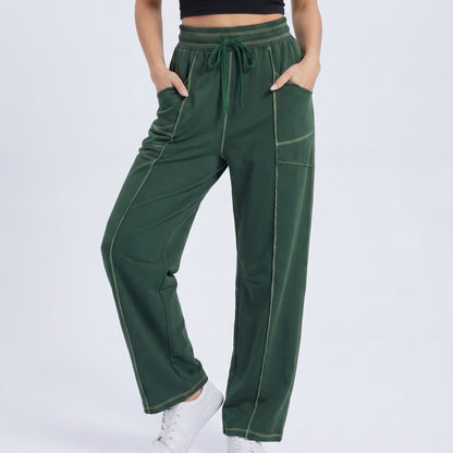 Anna-Kaci Women's High Rise Drawstring Wide Leg Utility Pants with Patch Pockets