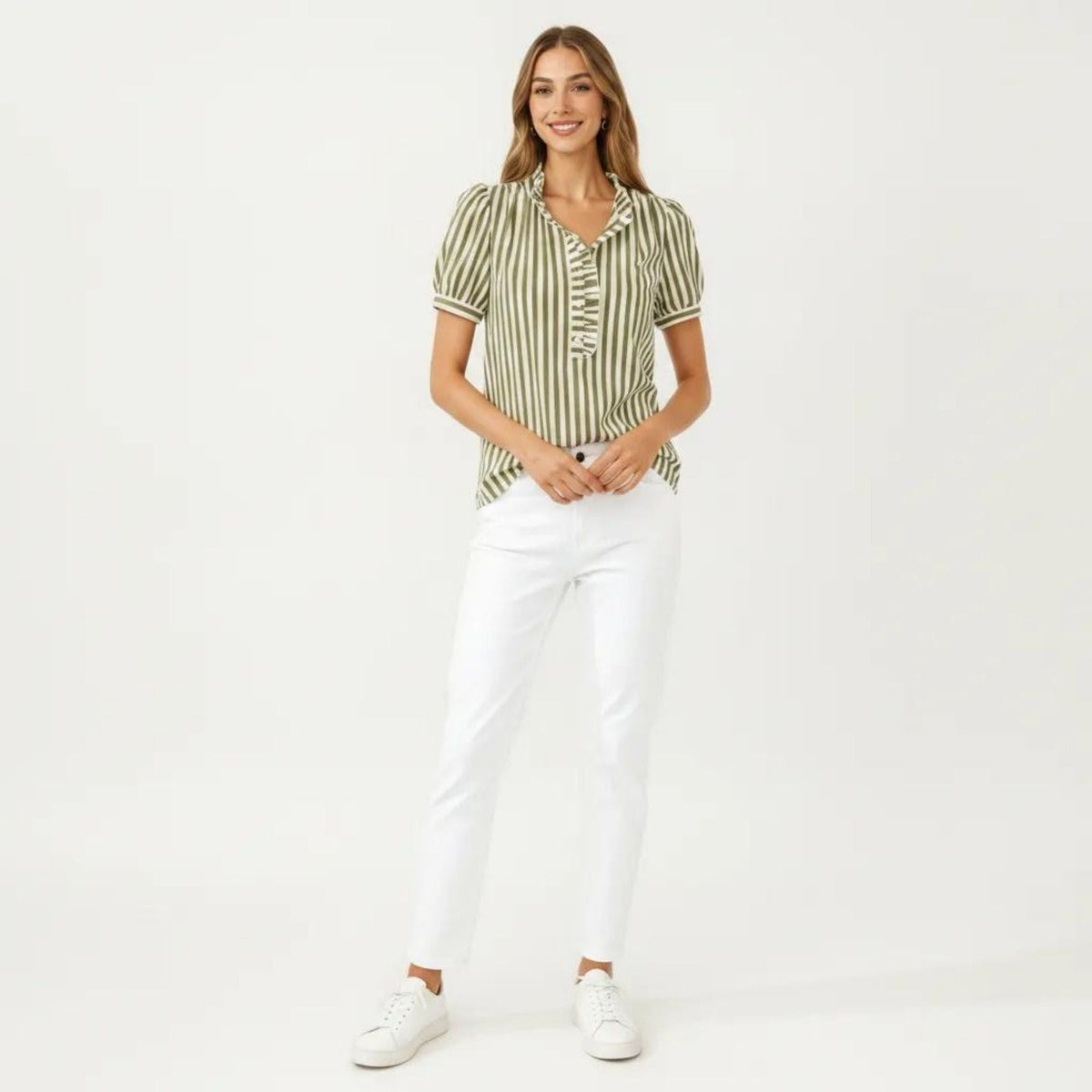 Anna-Kaci Women's Short Sleeve Striped Blouse with Ruffle Trim V Neck Puff Sleeve Lightweight Pullover Shirt
