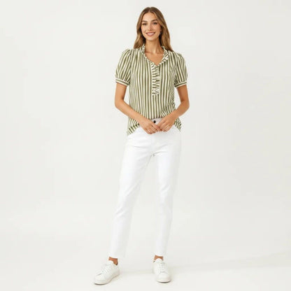 Anna-Kaci Women's Short Sleeve Striped Blouse with Ruffle Trim V Neck Puff Sleeve Lightweight Pullover Shirt