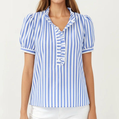 Anna-Kaci Women's Short Sleeve Striped Blouse with Ruffle Trim V Neck Puff Sleeve Lightweight Pullover Shirt