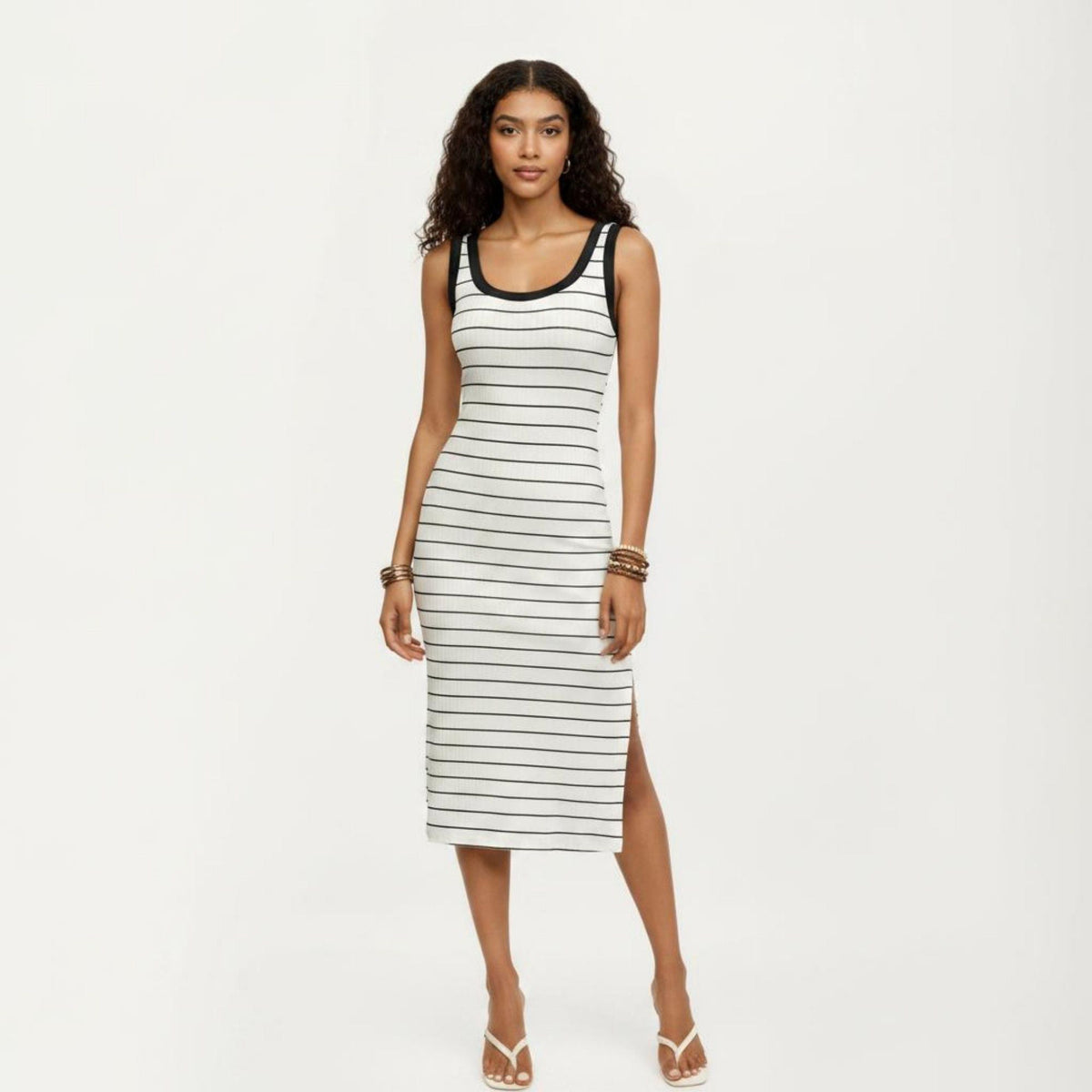 Anna-Kaci Women's Striped Rib-Knit Scoop Neck Midi Tank Dress with Side Slit