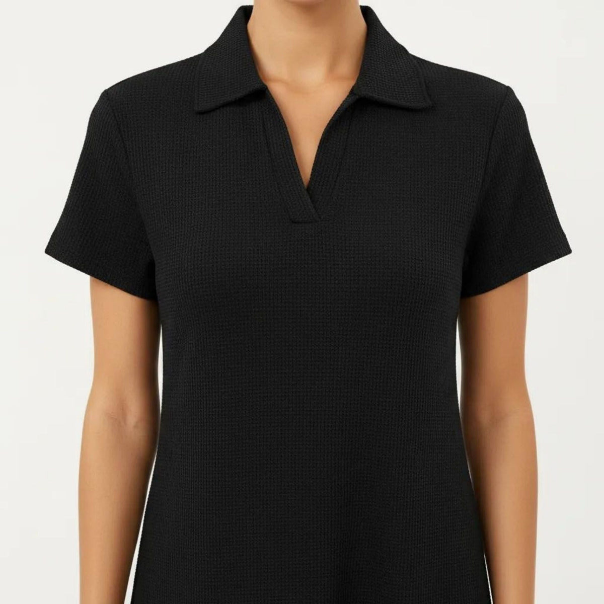 Anna-Kaci Women's Short Sleeve Collared Mini Dress with Split V Neck Textured Knit Relaxed Fit Casual Dress