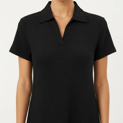 Anna-Kaci Women's Short Sleeve Collared Mini Dress with Split V Neck Textured Knit Relaxed Fit Casual Dress