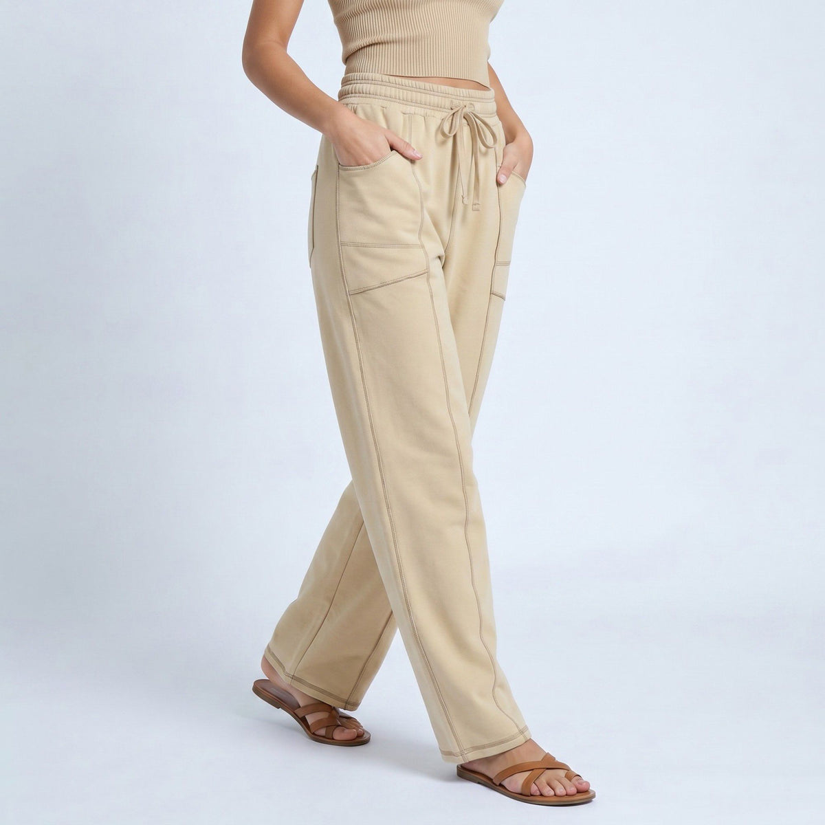 Anna-Kaci Women's High Rise Drawstring Wide Leg Utility Pants with Patch Pockets