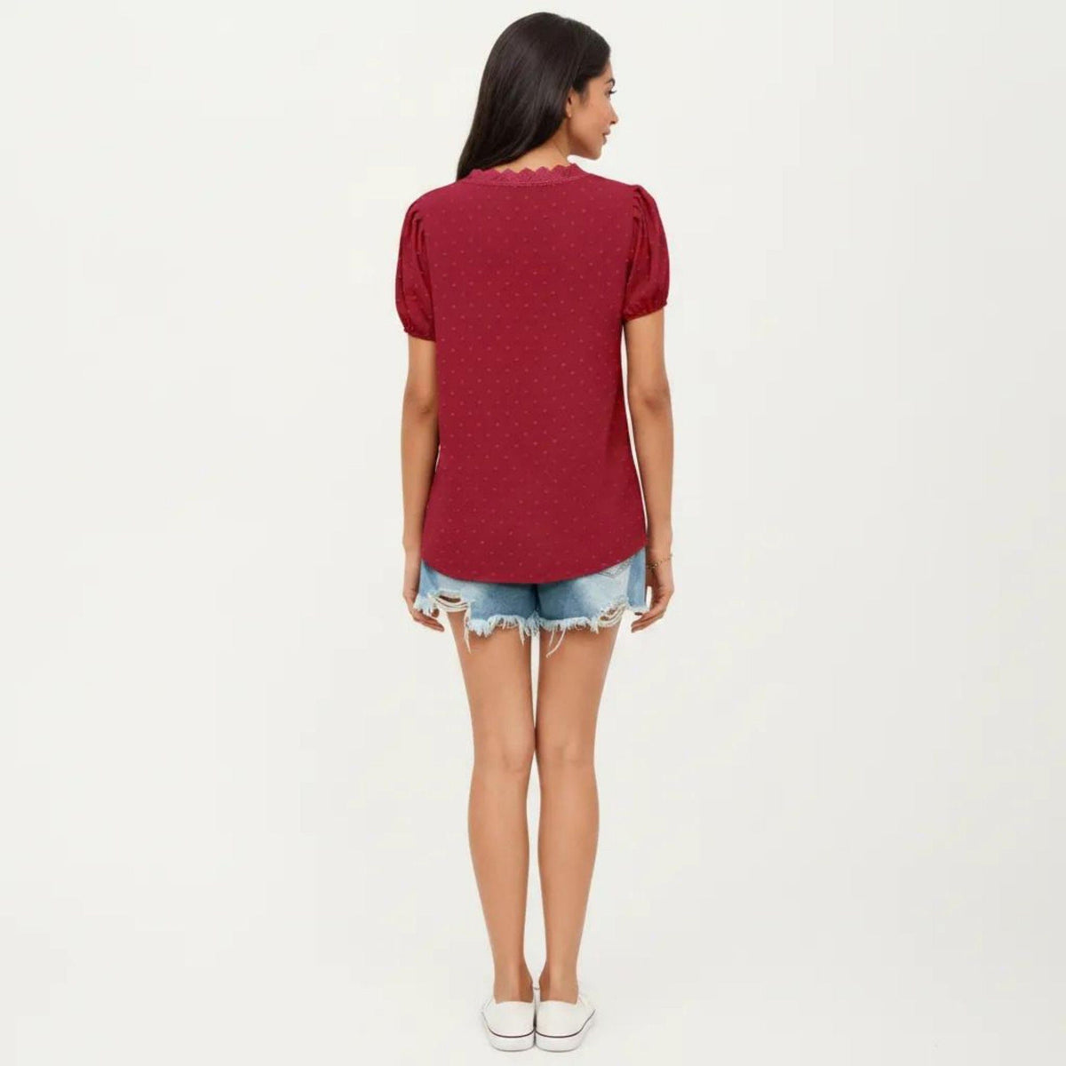 Anna-Kaci Women's Short Sleeve Swiss Dot Top with Lace Trim V-Neck and Puff Sleeves
