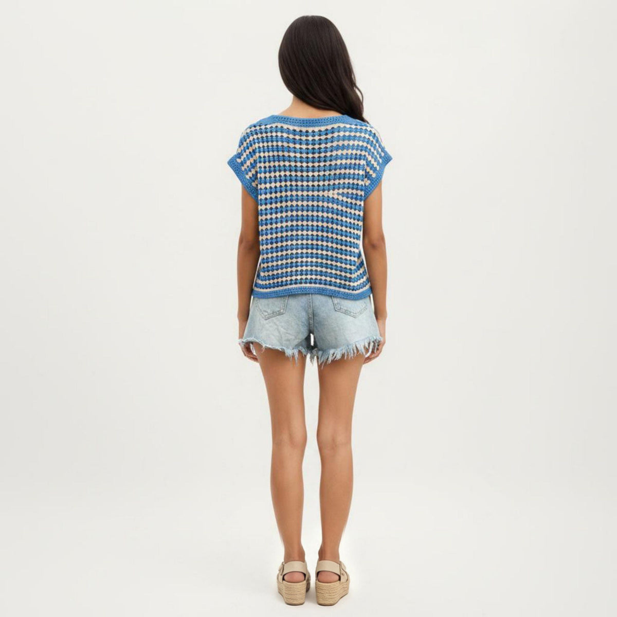 Anna-Kaci Women's Short Sleeve Striped Crochet Knit Top with Open Stitch Texture and Relaxed Fit