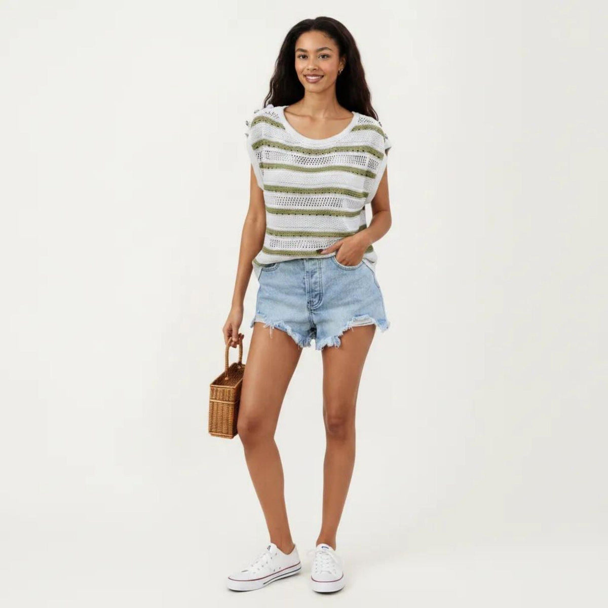 Anna-Kaci Women's Short Sleeve Striped Open Knit Top with Button Shoulder Detail and Relaxed Fit