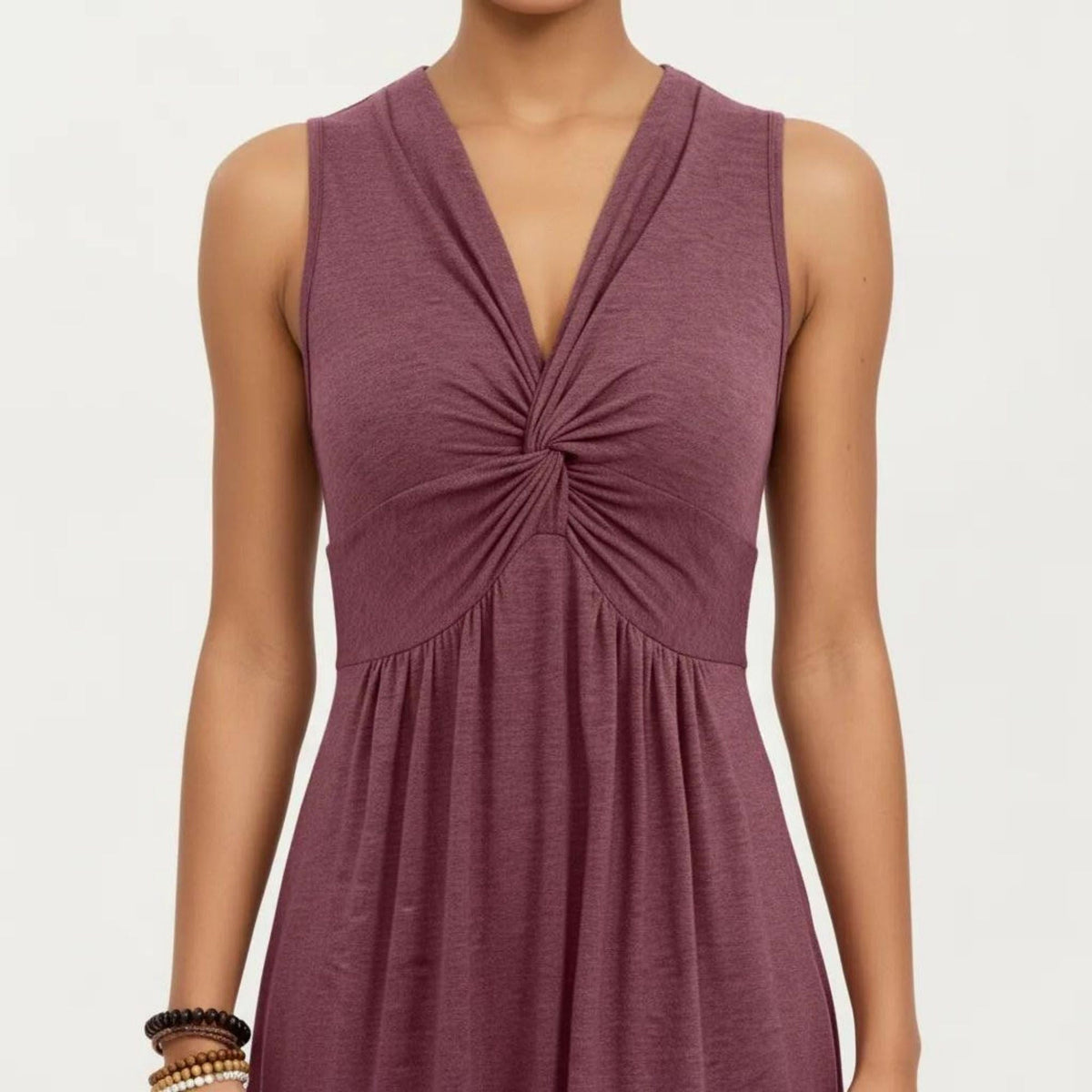 Anna-Kaci Women's Sleeveless V Neck Midi Dress with Front Twist Detail and Flowy A Line Silhouette