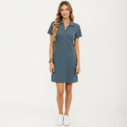Anna-Kaci Women's Short Sleeve Collared Mini Dress with Split V Neck Textured Knit Relaxed Fit Casual Dress