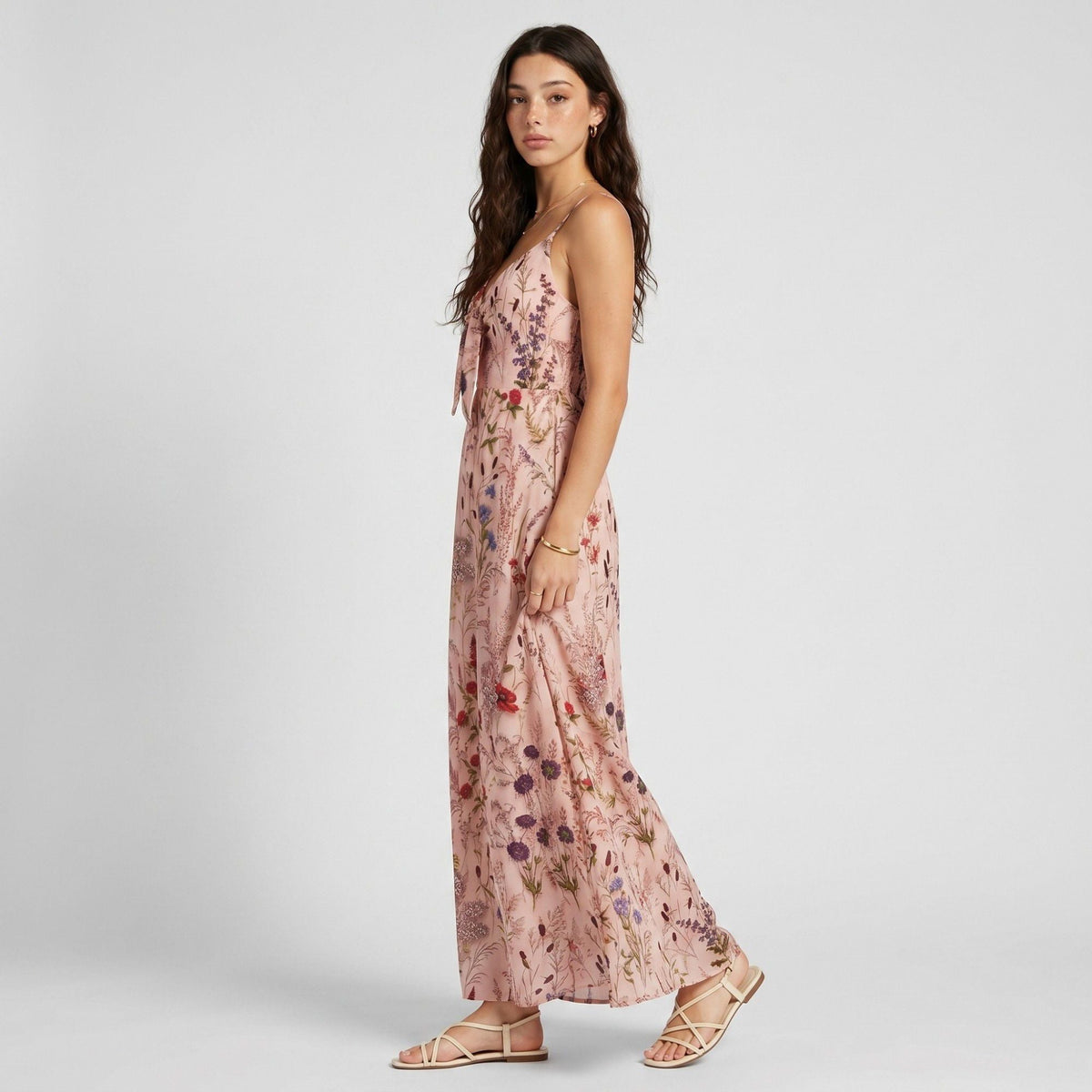 Anna-Kaci Women's Floral Print Tie Front Maxi Dress with Spaghetti Straps and Flowy Skirt