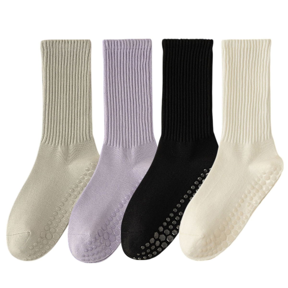 Anna-Kaci Multicolored 4-Pack Women's Anti-Slip Yoga Socks with Grips Comfortable Ribbed Design for Exercise and Indoor Use