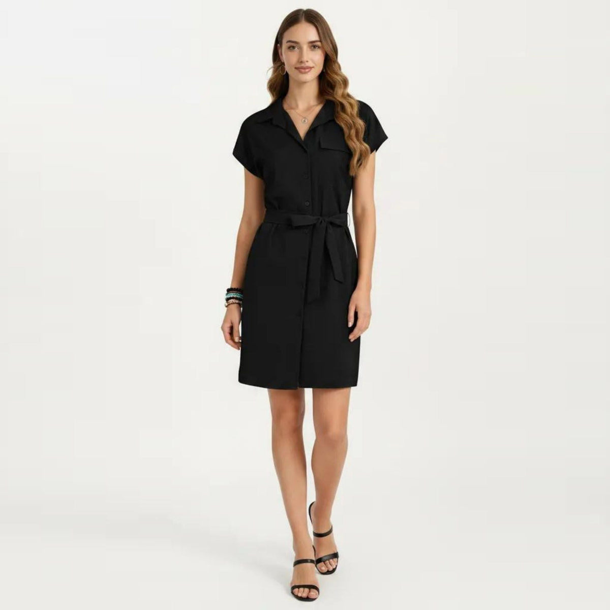 Anna-Kaci Women's Short Sleeve Button Front Shirt Dress with Collared Neckline and Adjustable Waist Tie