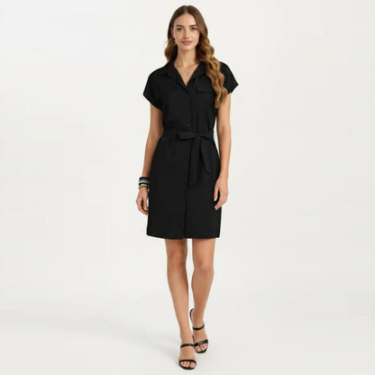 Anna-Kaci Women's Short Sleeve Button Front Shirt Dress with Collared Neckline and Adjustable Waist Tie