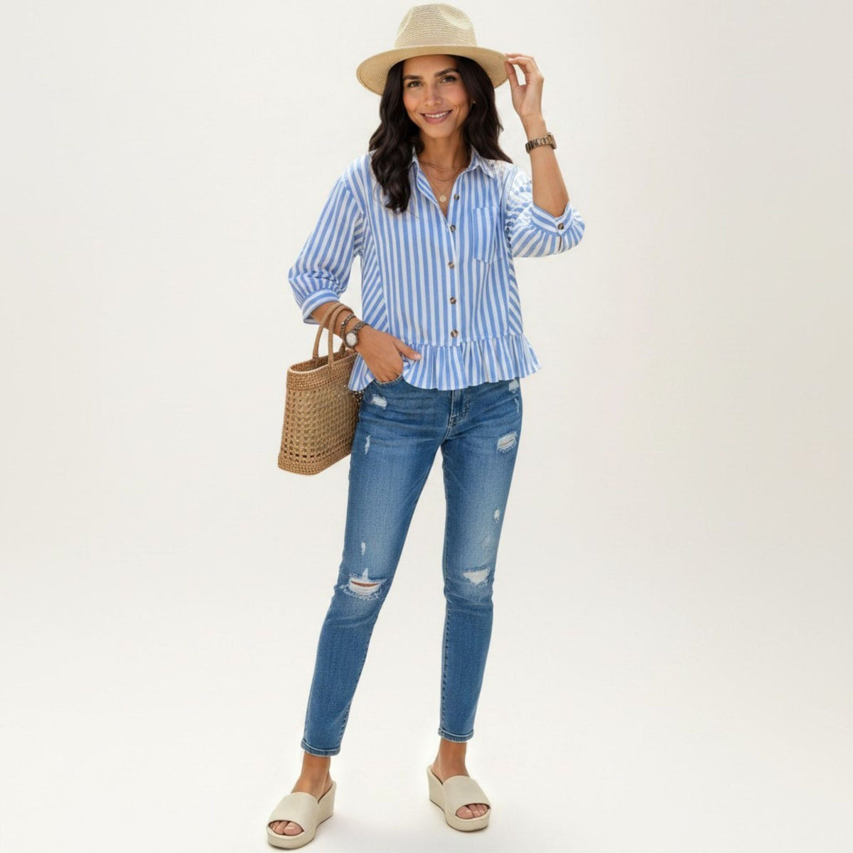 Anna-Kaci Women's Striped Button Down Blouse with Collar Three Quarter Sleeve Peplum Hem Pocket Detail Casual Shirt