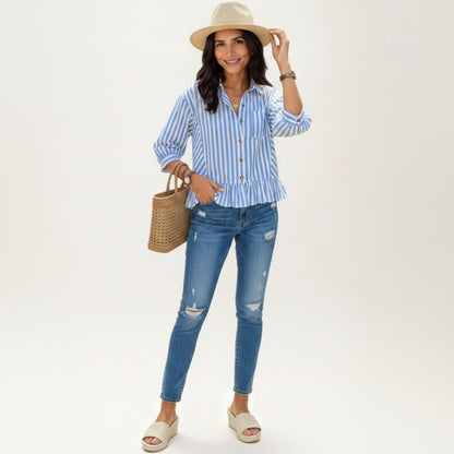 Anna-Kaci Women's Striped Button Down Blouse with Collar Three Quarter Sleeve Peplum Hem Pocket Detail Casual Shirt