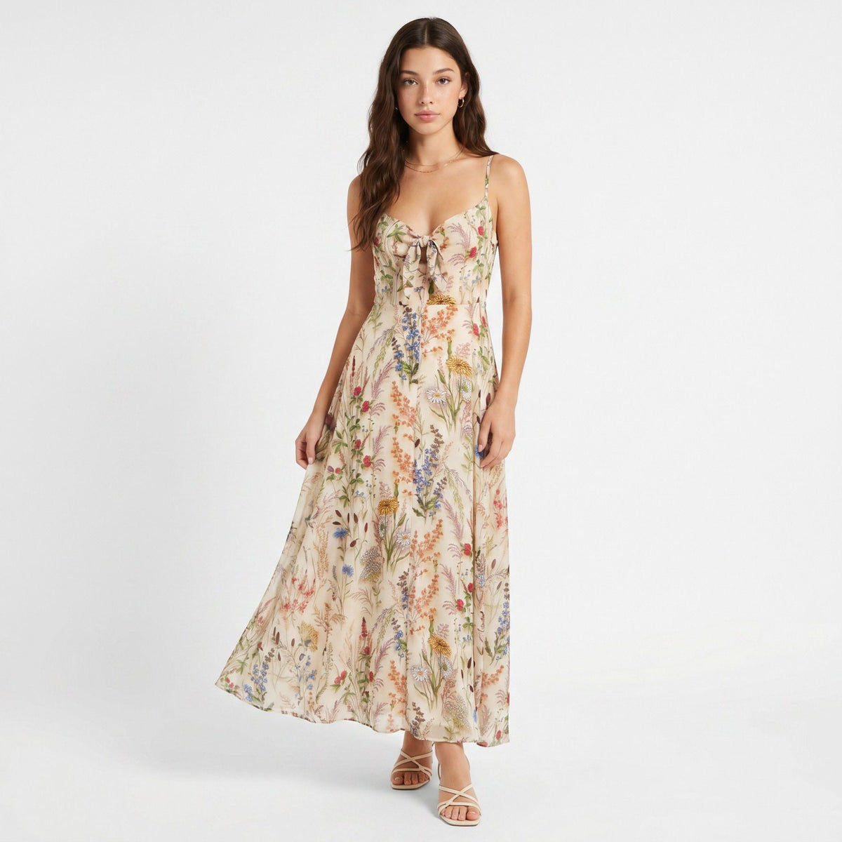 Anna-Kaci Women's Floral Print Tie Front Maxi Dress with Spaghetti Straps and Flowy Skirt